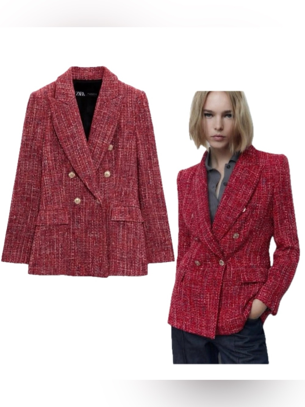 Zara Red Double-Breasted Textured Weave Tweed Blazer Sz M